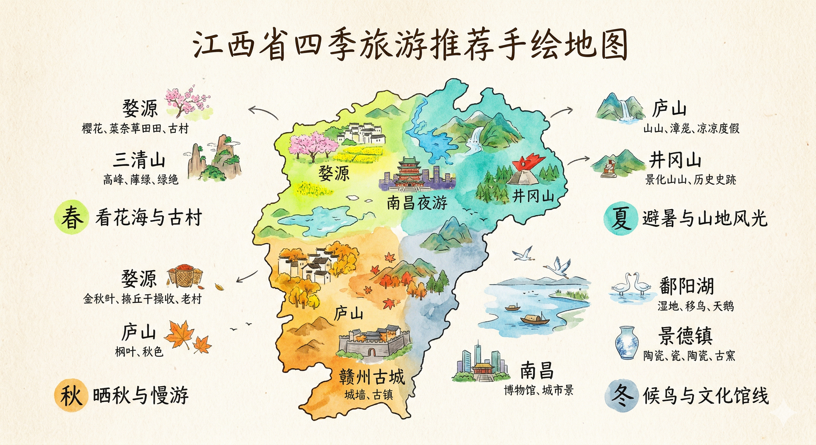 江西四季旅行窗口手绘地图
